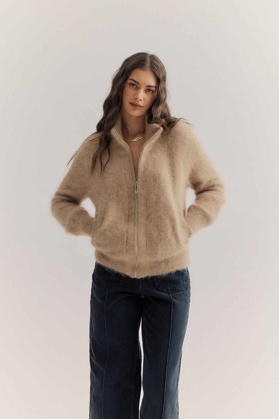 World of Nomads II FELIX Zip Up Cashmere Cardi - latte