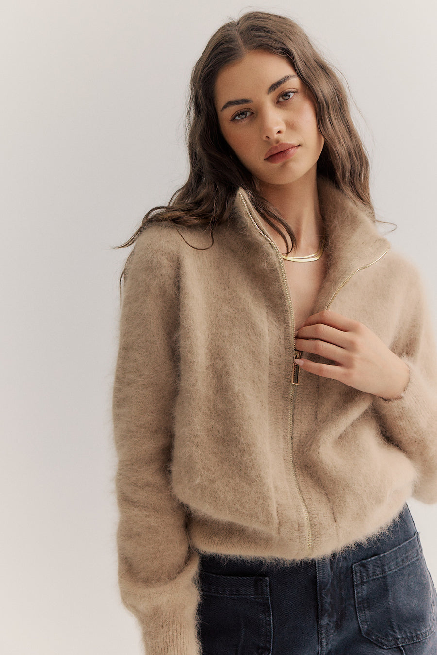 World of Nomads II FELIX Zip Up Cashmere Cardi - latte