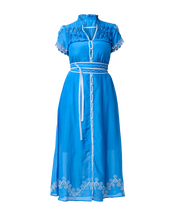 OnceWas II XANTHIA Diamond Smock Yoke Silk/Cotton Embroidered Dress - blue topaz