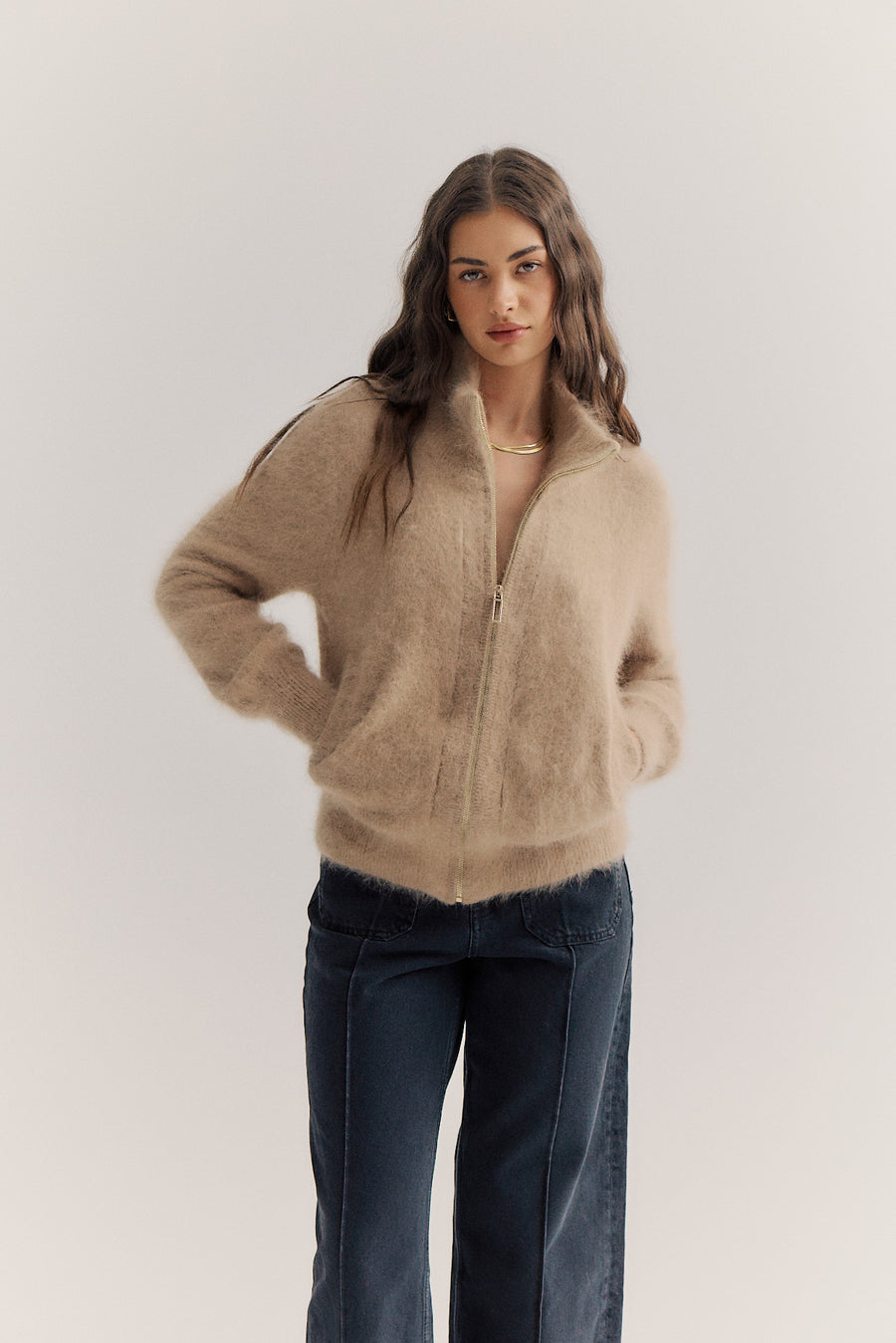 World of Nomads II FELIX Zip Up Cashmere Cardi - latte