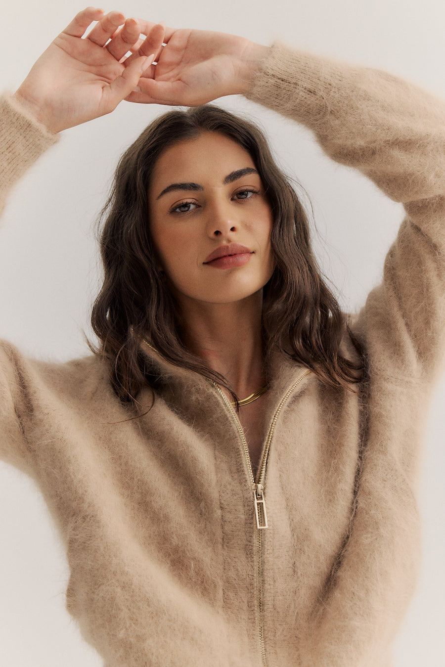 World of Nomads II FELIX Zip Up Cashmere Cardi - latte