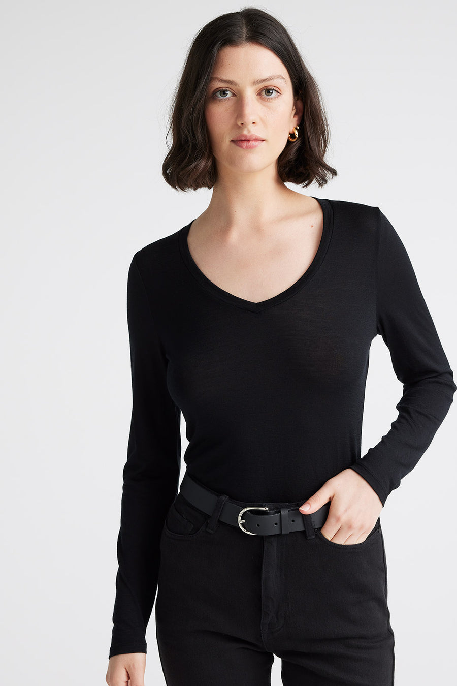 Toorallie. V Neck Merino Tee- Black