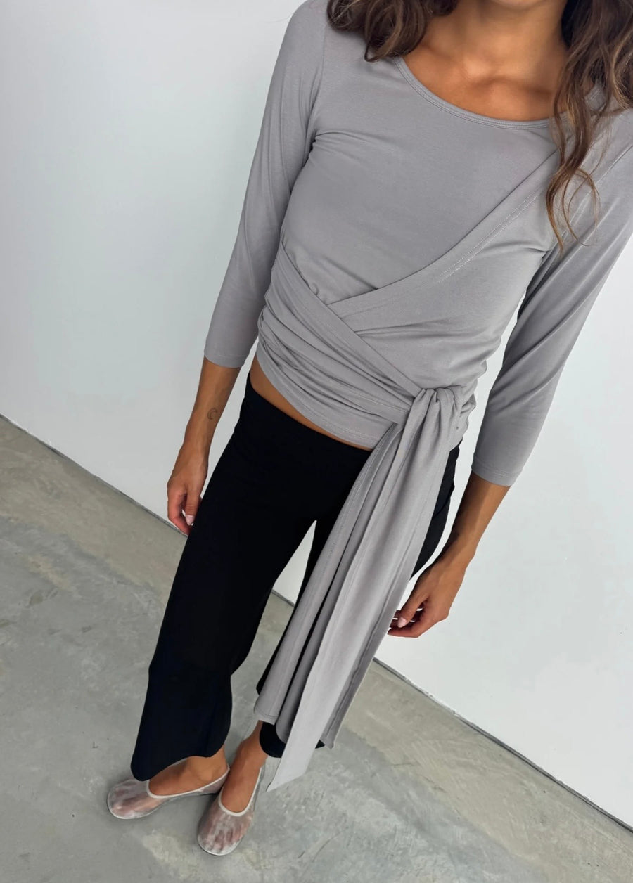 Pinky & Kamal II 3/4 BELTED Wrap Around Top - Pebble Gray