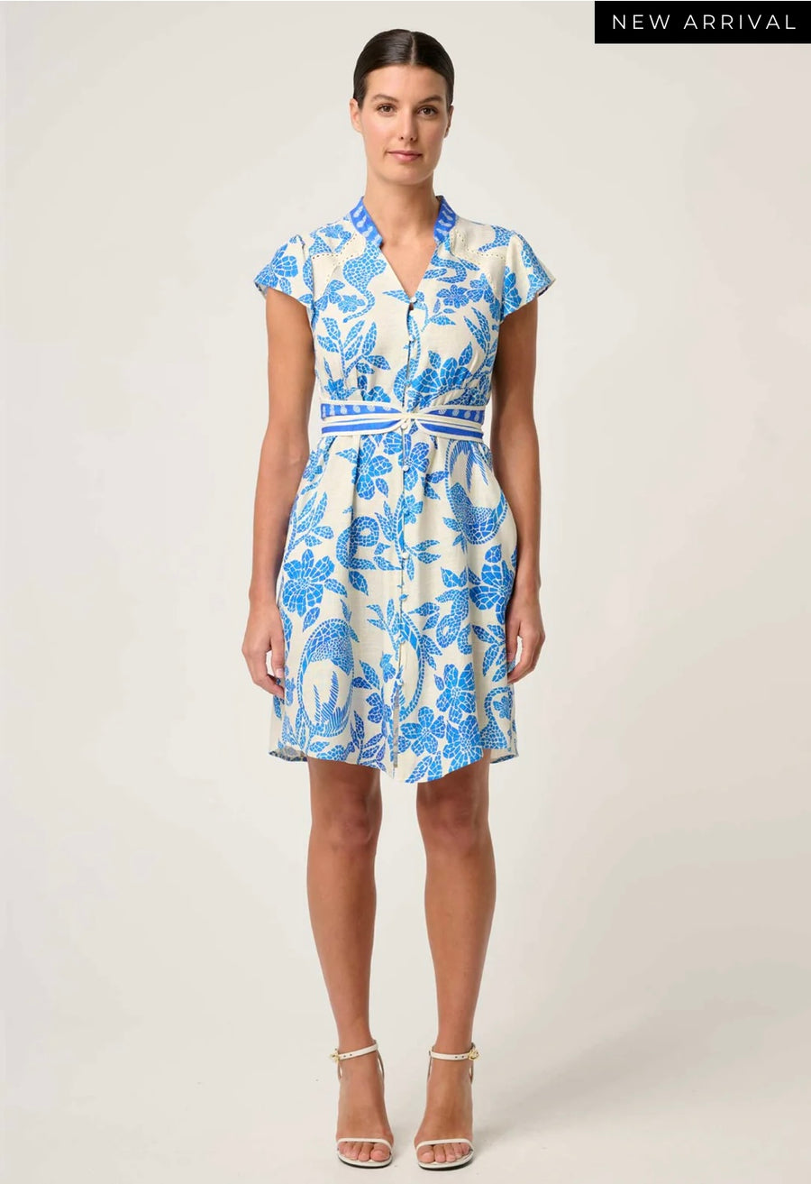 OnceWas II ADRIANA linen mix contrast Dress - azure mosaic