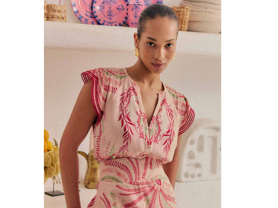 OnceWas II ASEEL Linen Viscose Flutter Sleeve Scallop Embroidered Top - Palmarosa