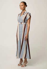 OnceWas PETITE CATTLEYA Linen Mix Smock Detail Maxi Dress - iridescent stripe