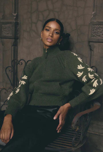 Oncewas II. CAMELA Placement Embroidered Knitted Bomber Jacket - olive