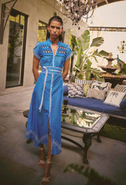 OnceWas II XANTHIA Diamond Smock Yoke Silk/Cotton Embroidered Dress - blue topaz