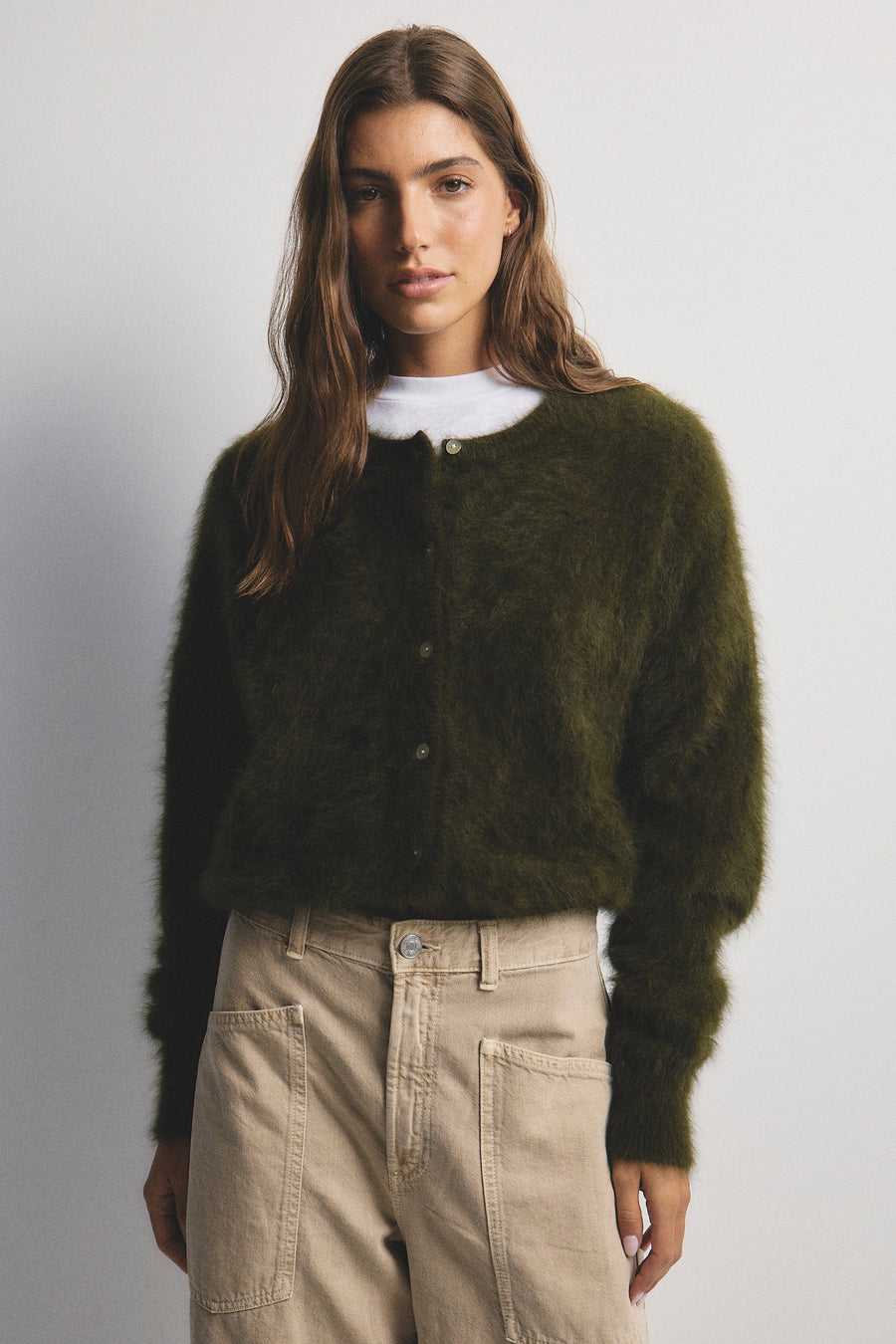 World of Nomads II FRANKIE Cashmere Crew Neck Cardigan - Moss