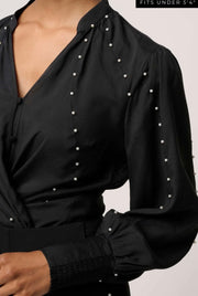 Oncewas II PETITE MARCELA PEARL EMBELLISHED CUPRO VISCOSE STRETCH SHIRT - Black/Pearl