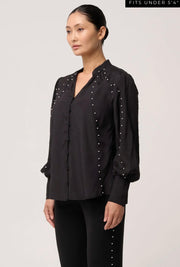 Oncewas II PETITE MARCELA PEARL EMBELLISHED CUPRO VISCOSE STRETCH SHIRT - Black/Pearl