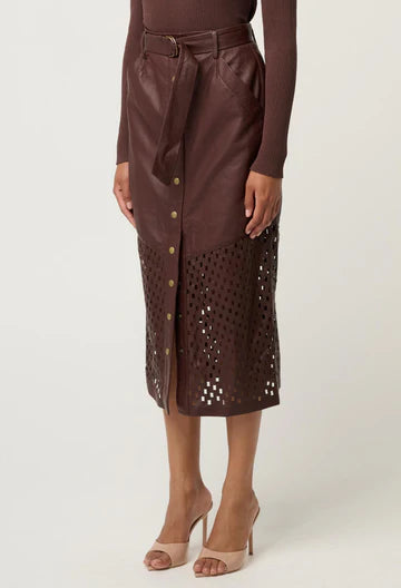 Oncewas II HYPNOTIC Leather Laser Midi Skirt - oxblood lattice