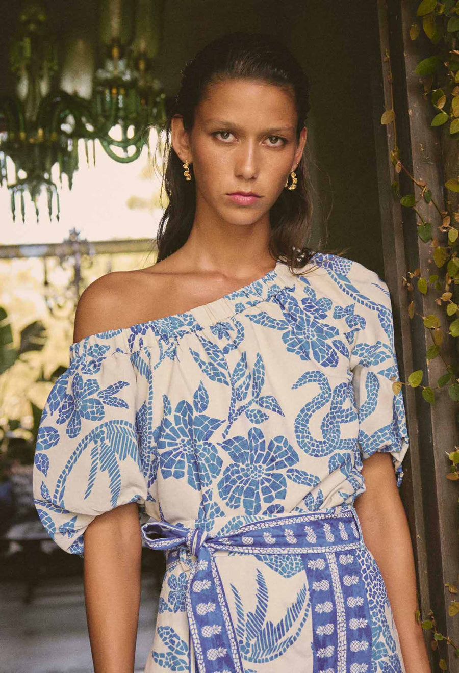OnceWas II JUNO Dobby One Shoulder Top - azure mosaic