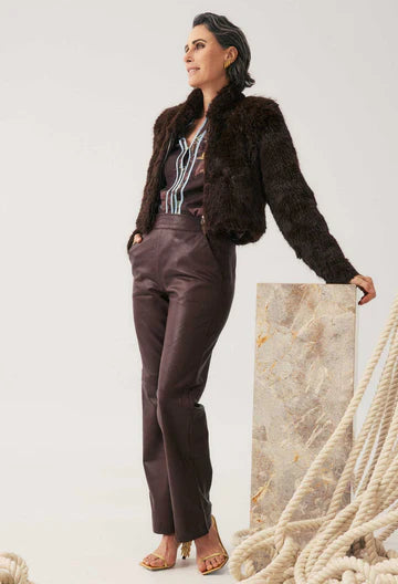 Oncewas II JOAN Leather Elasticated Waist Straight Leg Pant - oxblood