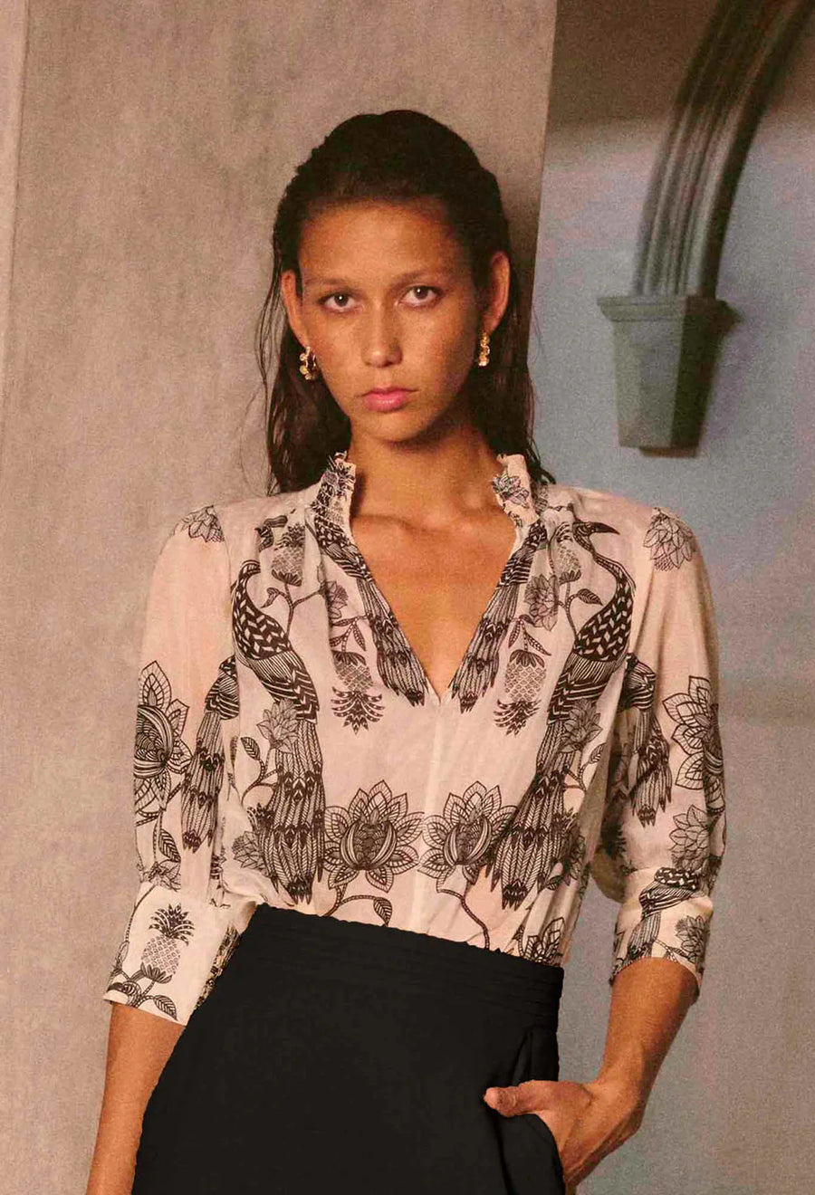 OnceWas II OLEANDER Placement Shirred Collar blouse