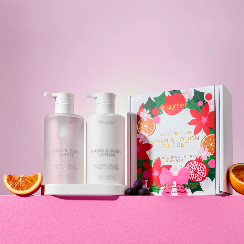 Huxter II Limited Edition Wash and Lotion Gift Set - Includes 500ml Wash & Lotion + White Silicone Tray (Blackcurrant, Citrus & Amber)
