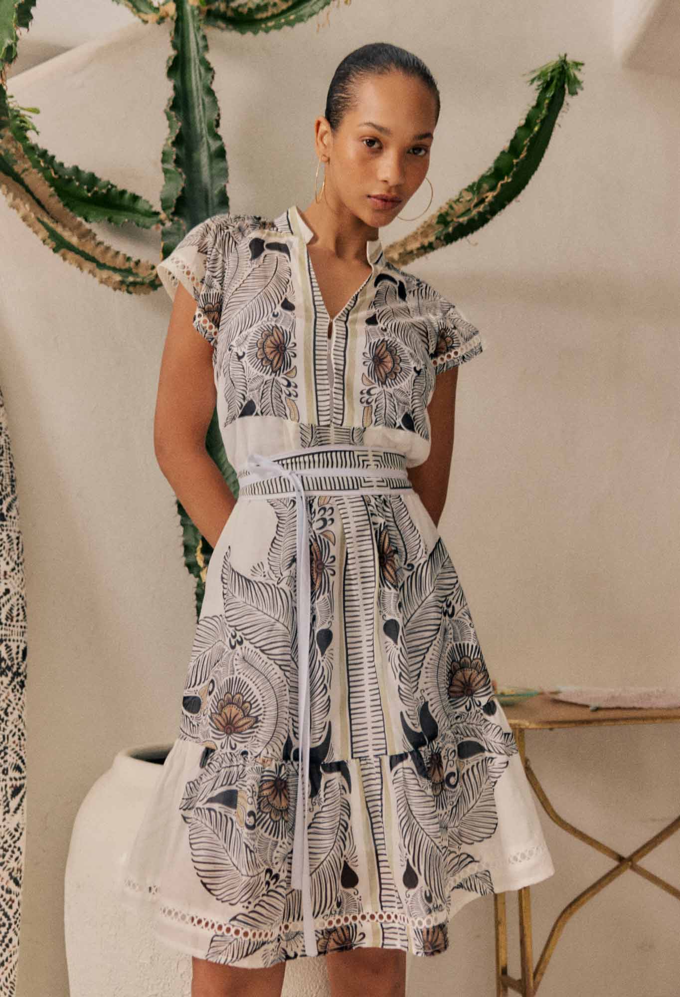 Oncewas II MALIKA Silk Cotton Lace Trim Flutter Dress - ivory Casablanca print