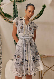 Oncewas II MALIKA Silk Cotton Lace Trim Flutter Dress - ivory Casablanca print