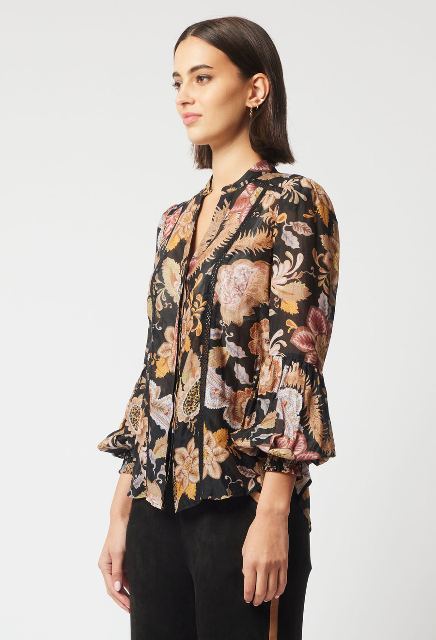 Oncewas II EMPRESS SILK Shirred Cuff Shirt - Dragon Flower Print