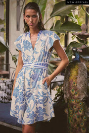 OnceWas II ADRIANA linen mix contrast Dress - azure mosaic