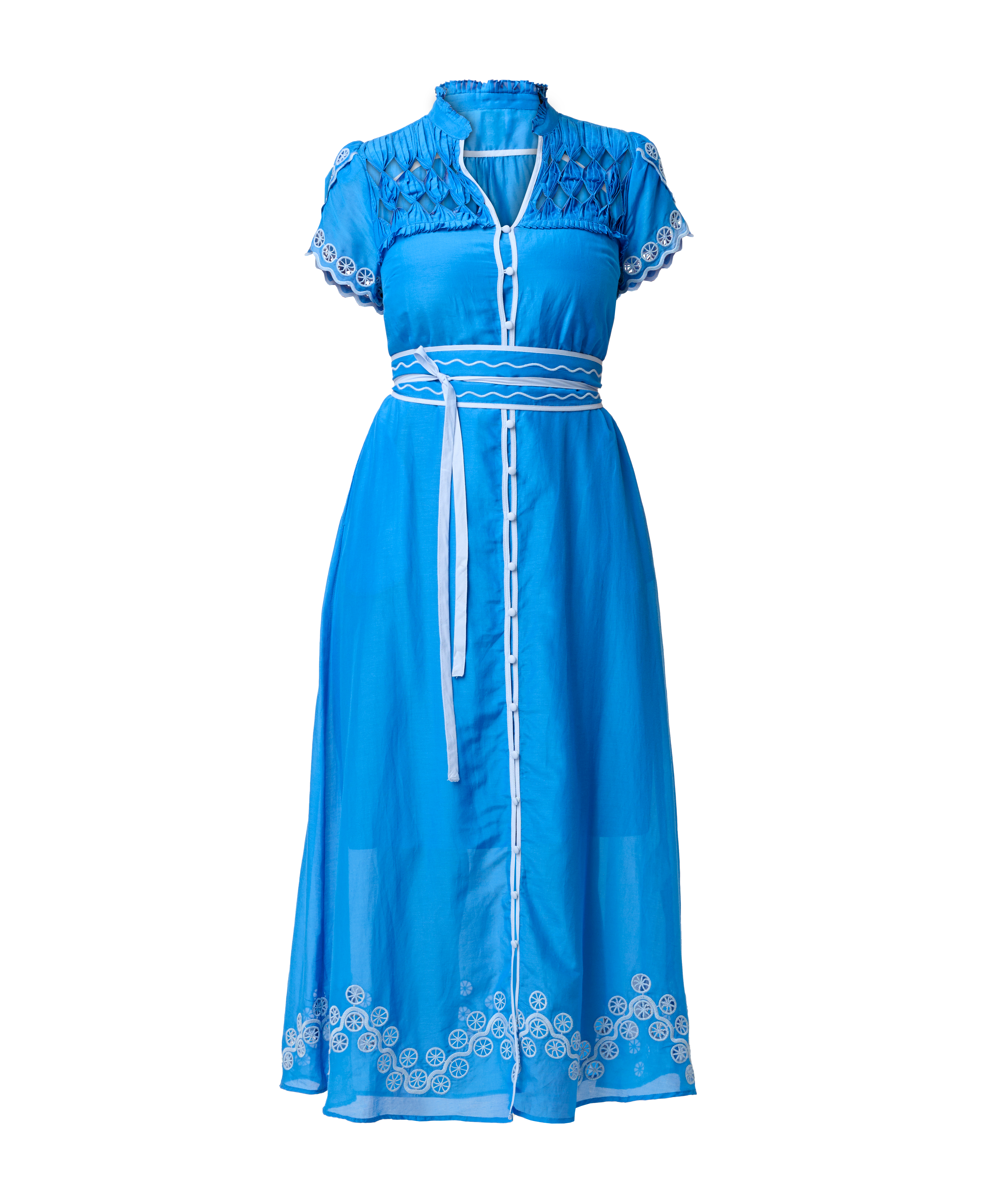 OnceWas II XANTHIA Diamond Smock Yoke Silk/Cotton Embroidered Dress - blue topaz
