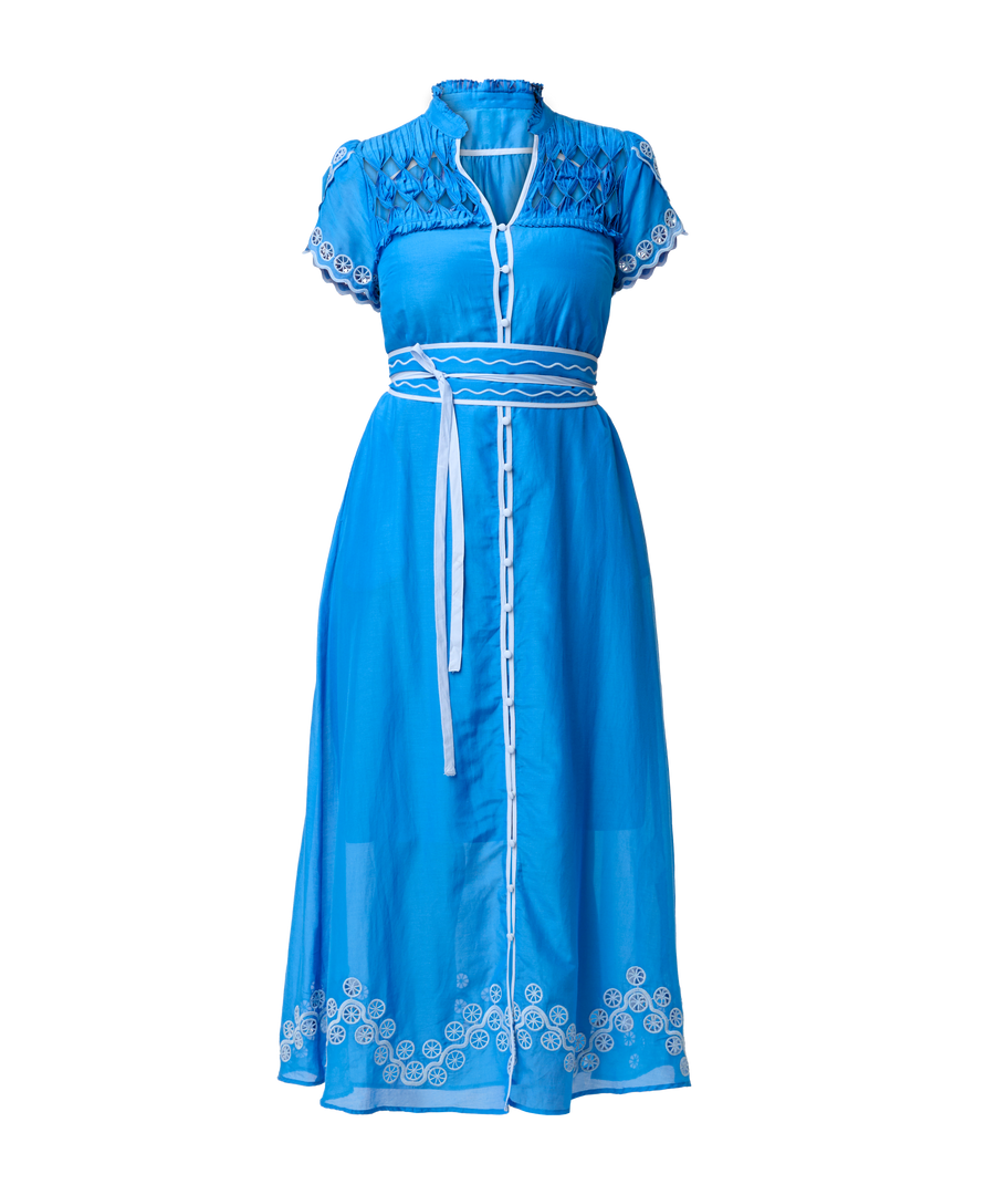 OnceWas II XANTHIA Diamond Smock Yoke Silk/Cotton Embroidered Dress - blue topaz