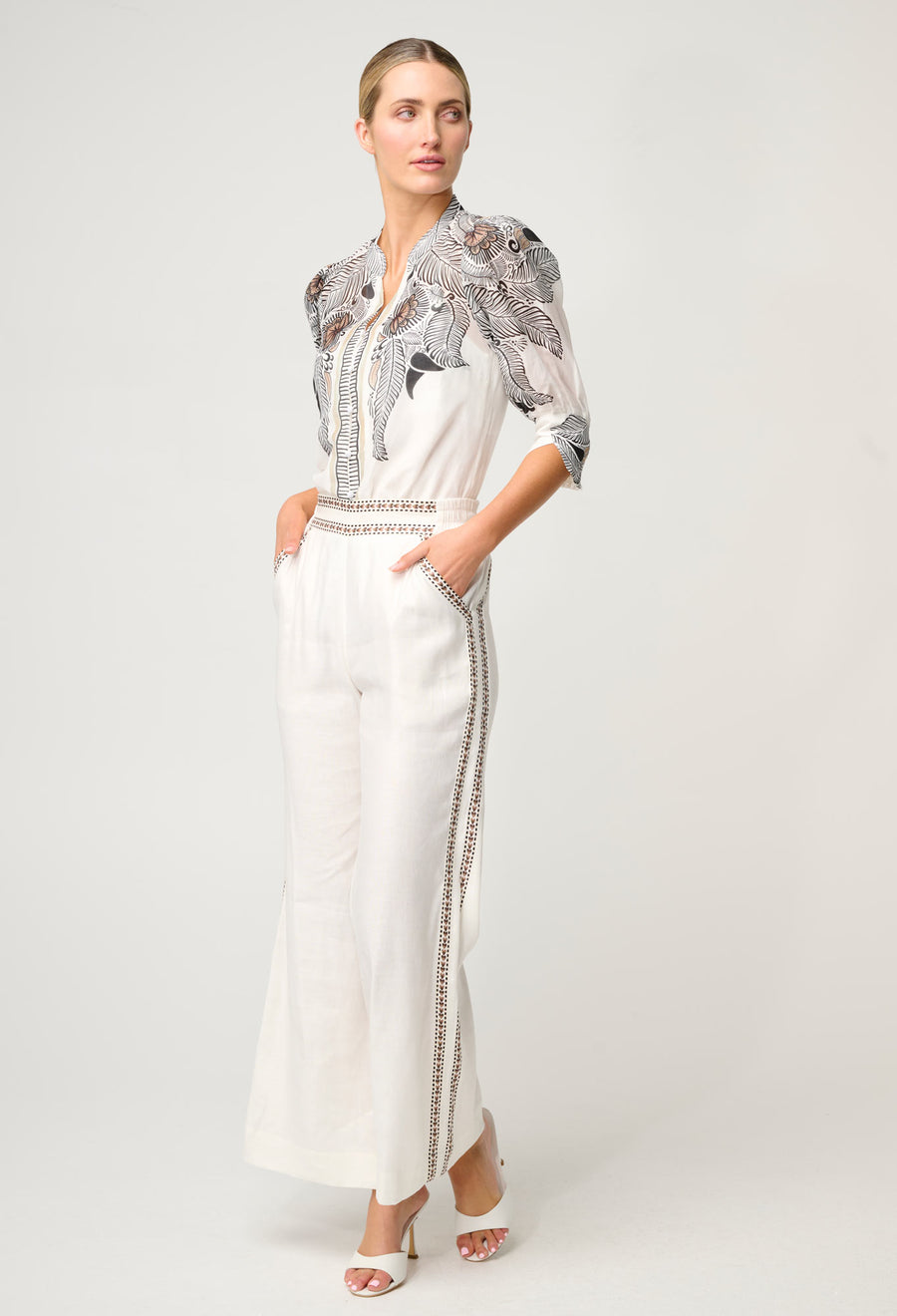 Oncewas II LELIA Silk Cotton Placement Print Collar Shirt - ivory Casablanca print