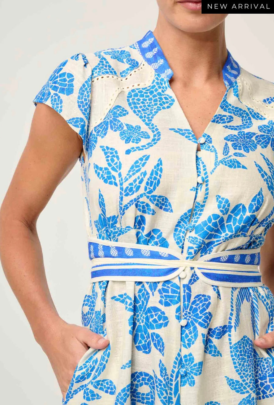 OnceWas II ADRIANA linen mix contrast Dress - azure mosaic
