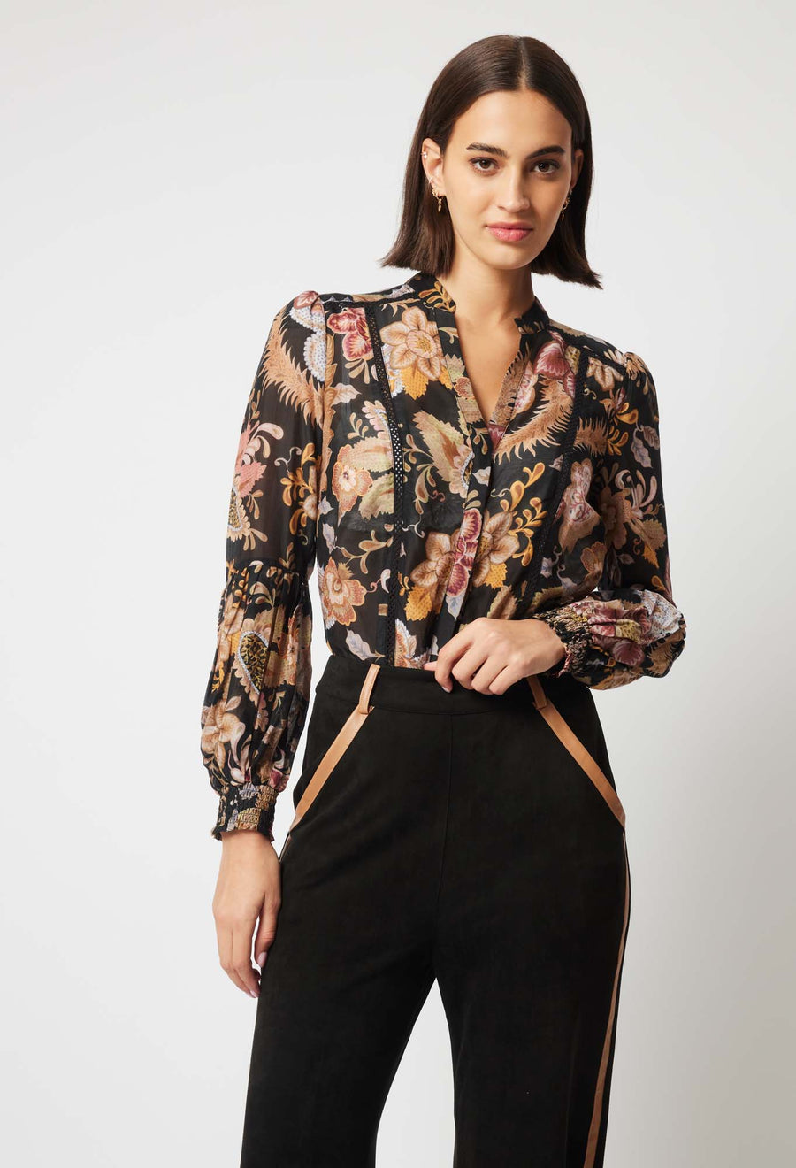 Oncewas II EMPRESS SILK Shirred Cuff Shirt - Dragon Flower Print