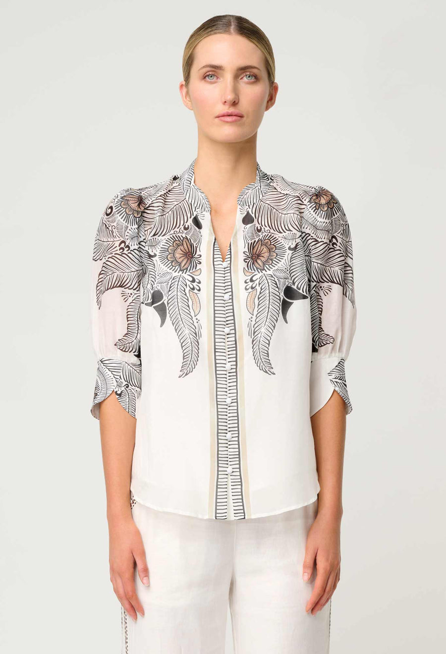 Oncewas II LELIA Silk Cotton Placement Print Collar Shirt - ivory Casablanca print