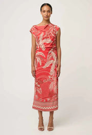 Oncewas II MONIQUE PETITE Draped Neck Printed Dress - Crimson Palms