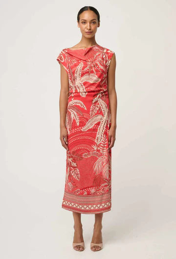 Oncewas II MONIQUE PETITE Draped Neck Printed Dress - Crimson Palms
