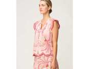 OnceWas II ASEEL Linen Viscose Flutter Sleeve Scallop Embroidered Top - Palmarosa