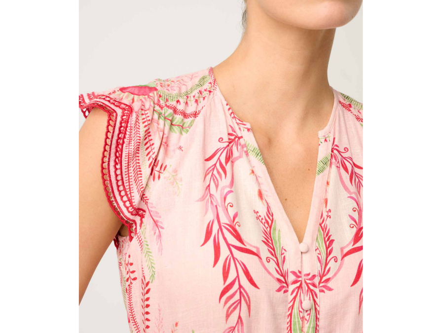 OnceWas II ASEEL Linen Viscose Flutter Sleeve Scallop Embroidered Top - Palmarosa