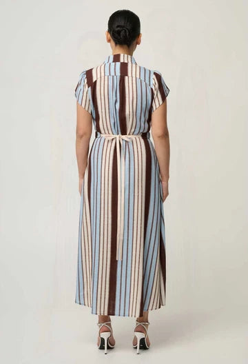 OnceWas PETITE CATTLEYA Linen Mix Smock Detail Maxi Dress - iridescent stripe