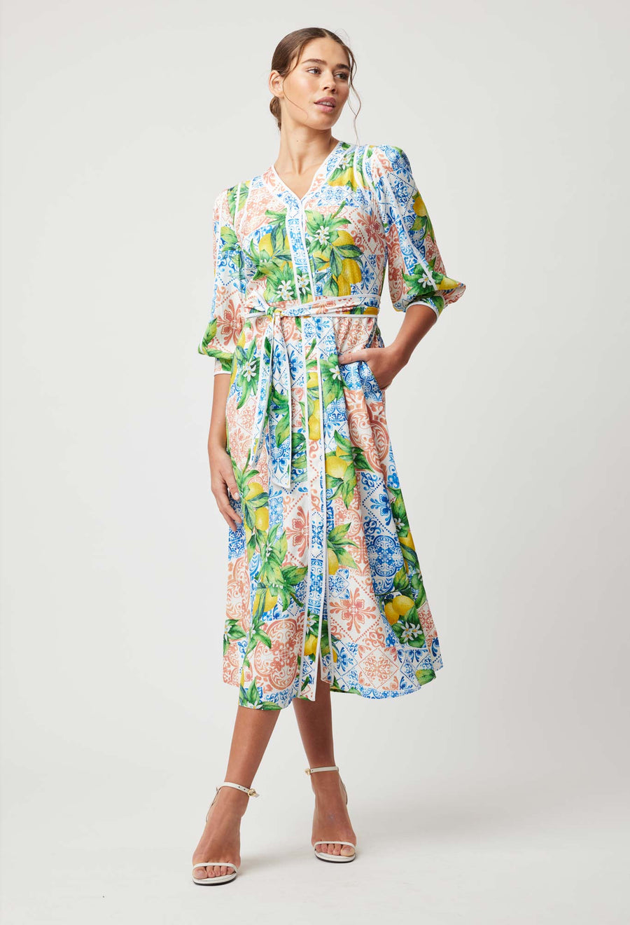OnceWas II LAGUNA V Neck Coat Dress - Limonata Print