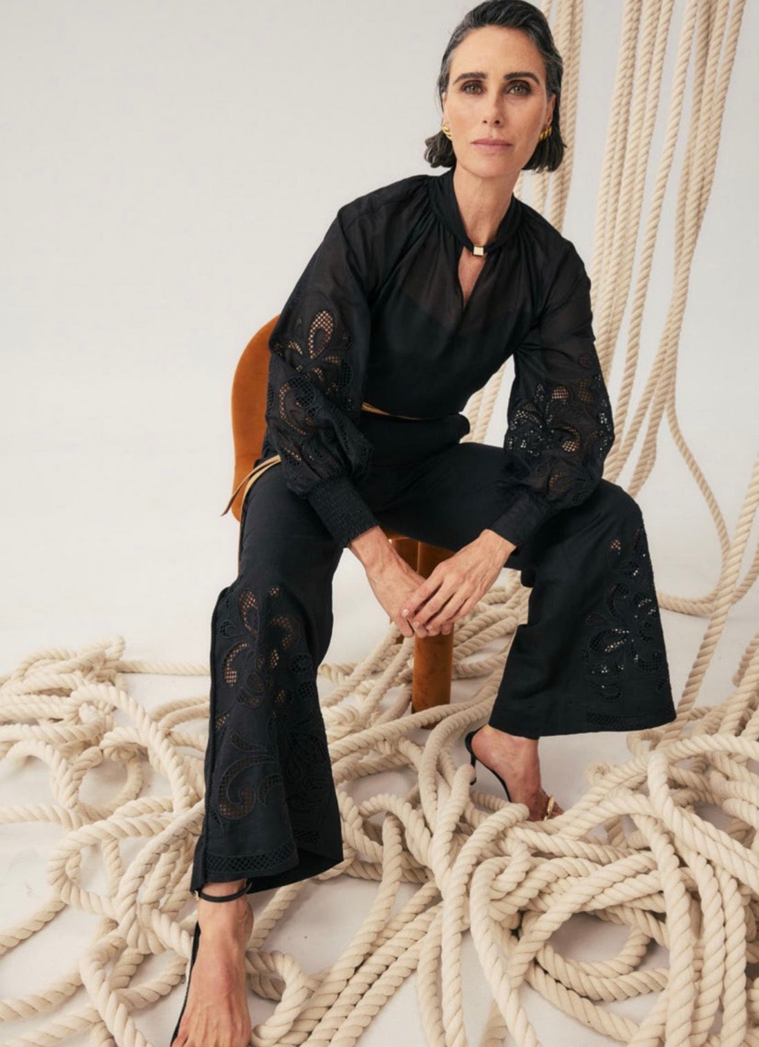 OnceWas II RHEA Linen Viscose Embroidered Pant - Black