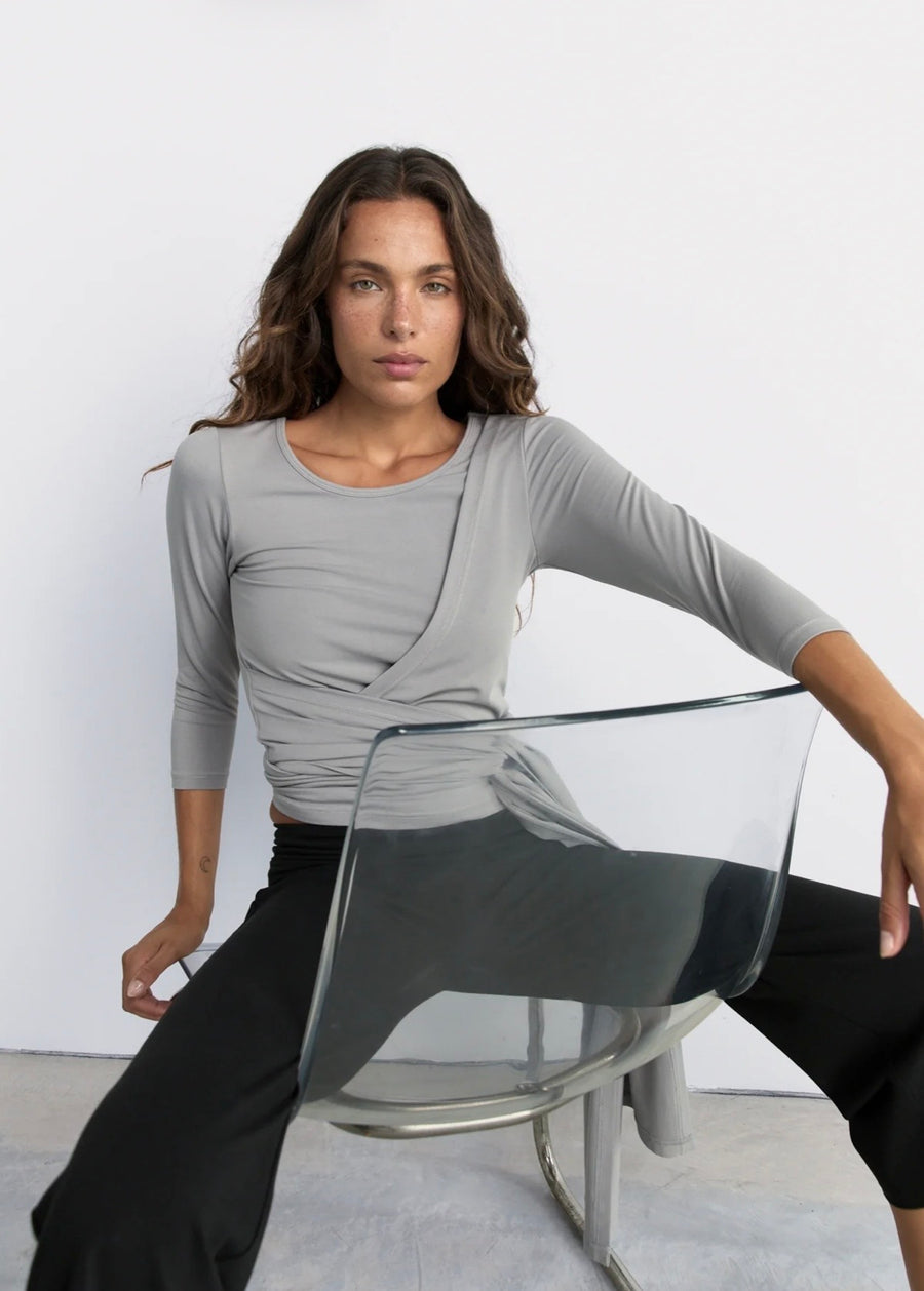 Pinky & Kamal II 3/4 BELTED Wrap Around Top - Pebble Gray