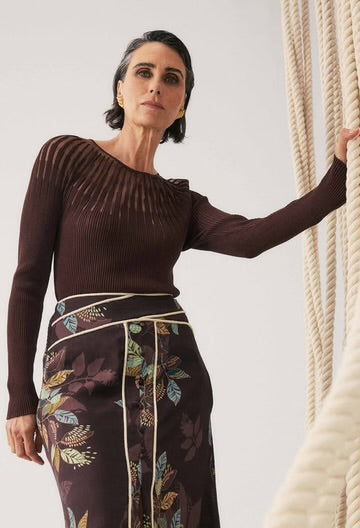 Oncewas II RHIANNON Sheer Neckline detail Knit top - mocha