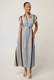 OnceWas PETITE CATTLEYA Linen Mix Smock Detail Maxi Dress - iridescent stripe