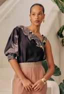 Tahani One Sleeve Faille Top - Onyx Casablanca Print