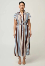 OnceWas PETITE CATTLEYA Linen Mix Smock Detail Maxi Dress - iridescent stripe