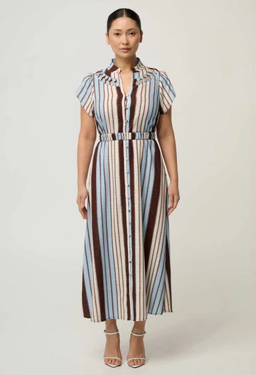 OnceWas PETITE CATTLEYA Linen Mix Smock Detail Maxi Dress - iridescent stripe