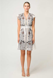 Oncewas II MALIKA Silk Cotton Lace Trim Flutter Dress - ivory Casablanca print