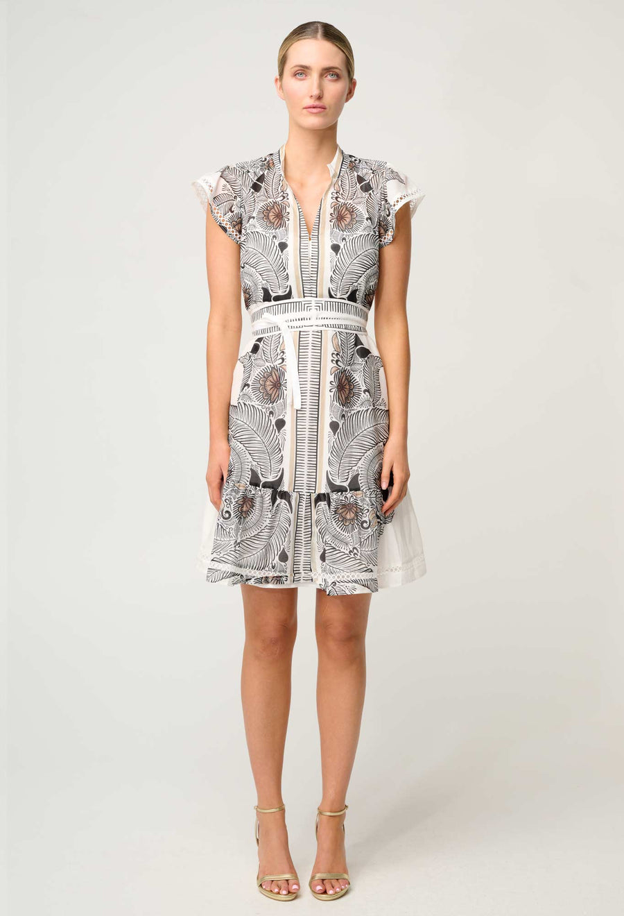 Oncewas II MALIKA Silk Cotton Lace Trim Flutter Dress - ivory Casablanca print