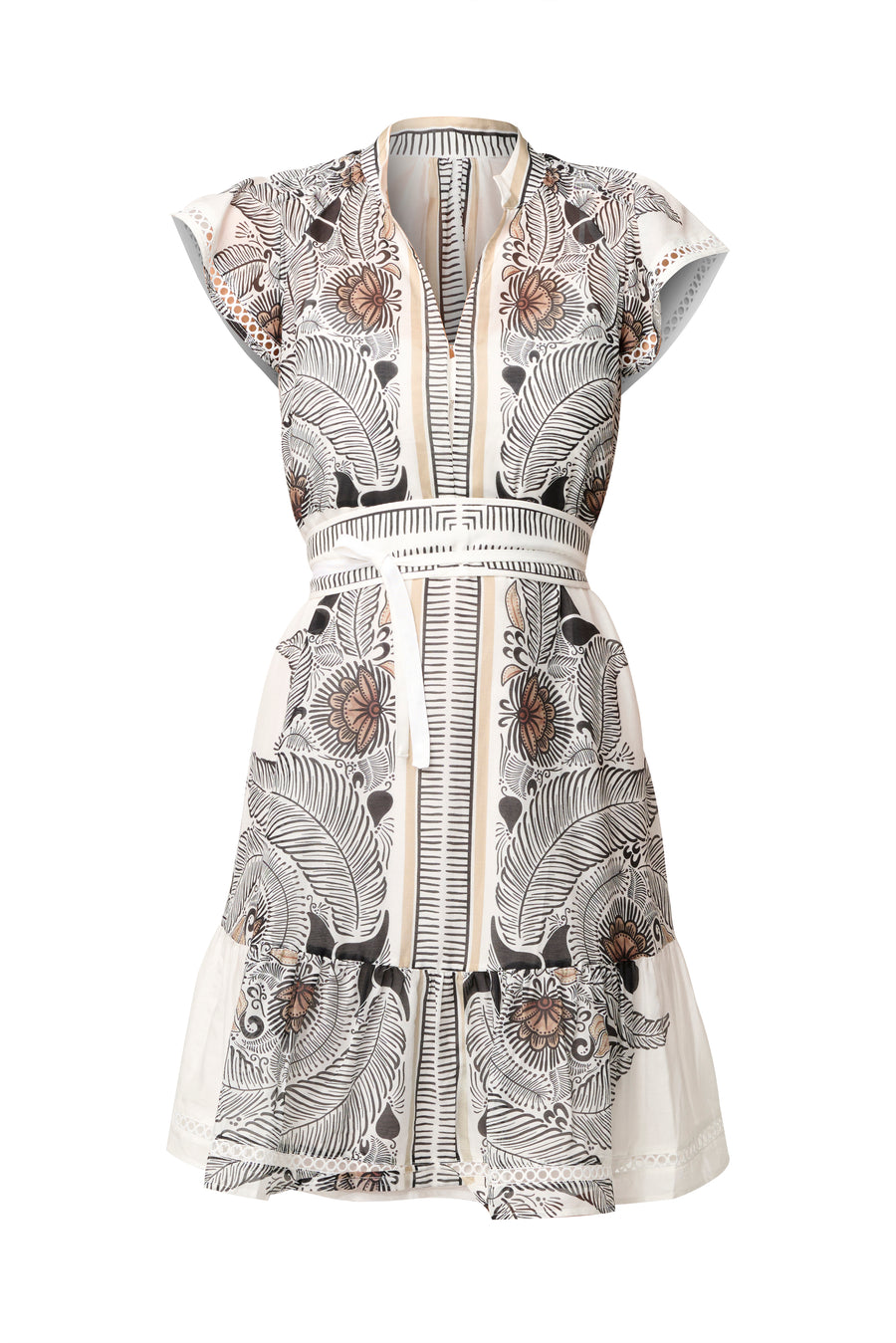 Oncewas II MALIKA Silk Cotton Lace Trim Flutter Dress - ivory Casablanca print