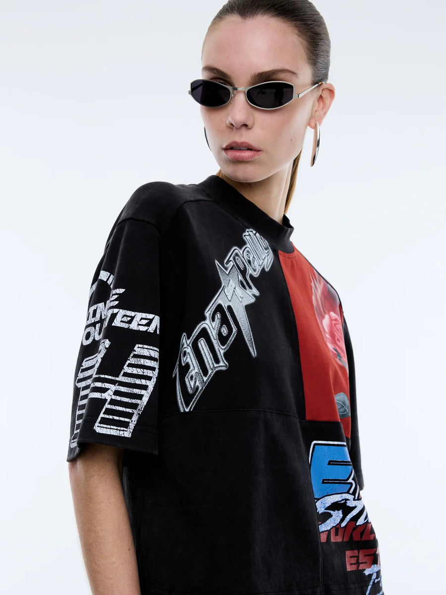 ENA Pelly II FLAMING Rose Patchwork Tee - Washed Black