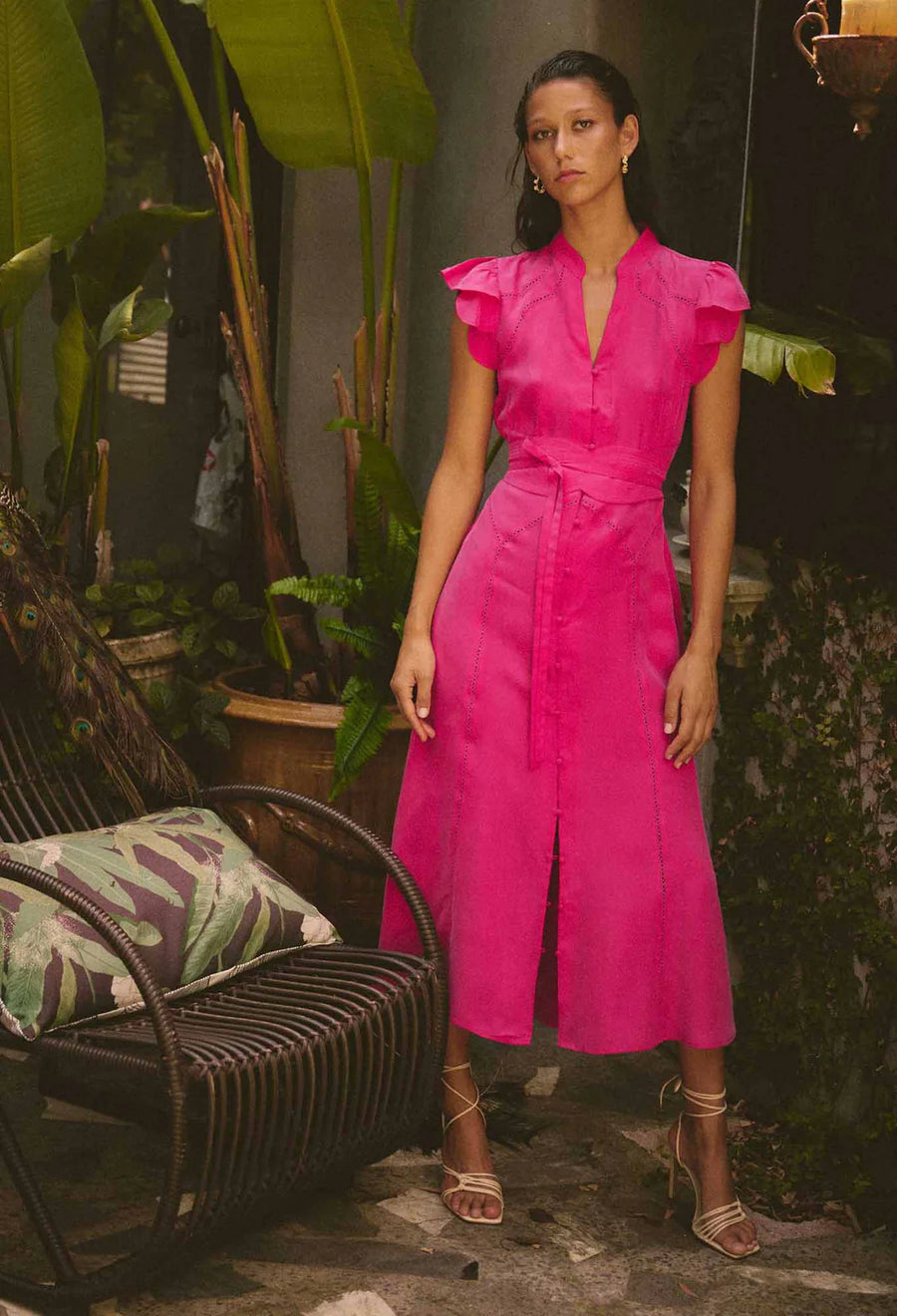 OnceWas II ATHINA Cupro Trim Dress - celosia pink