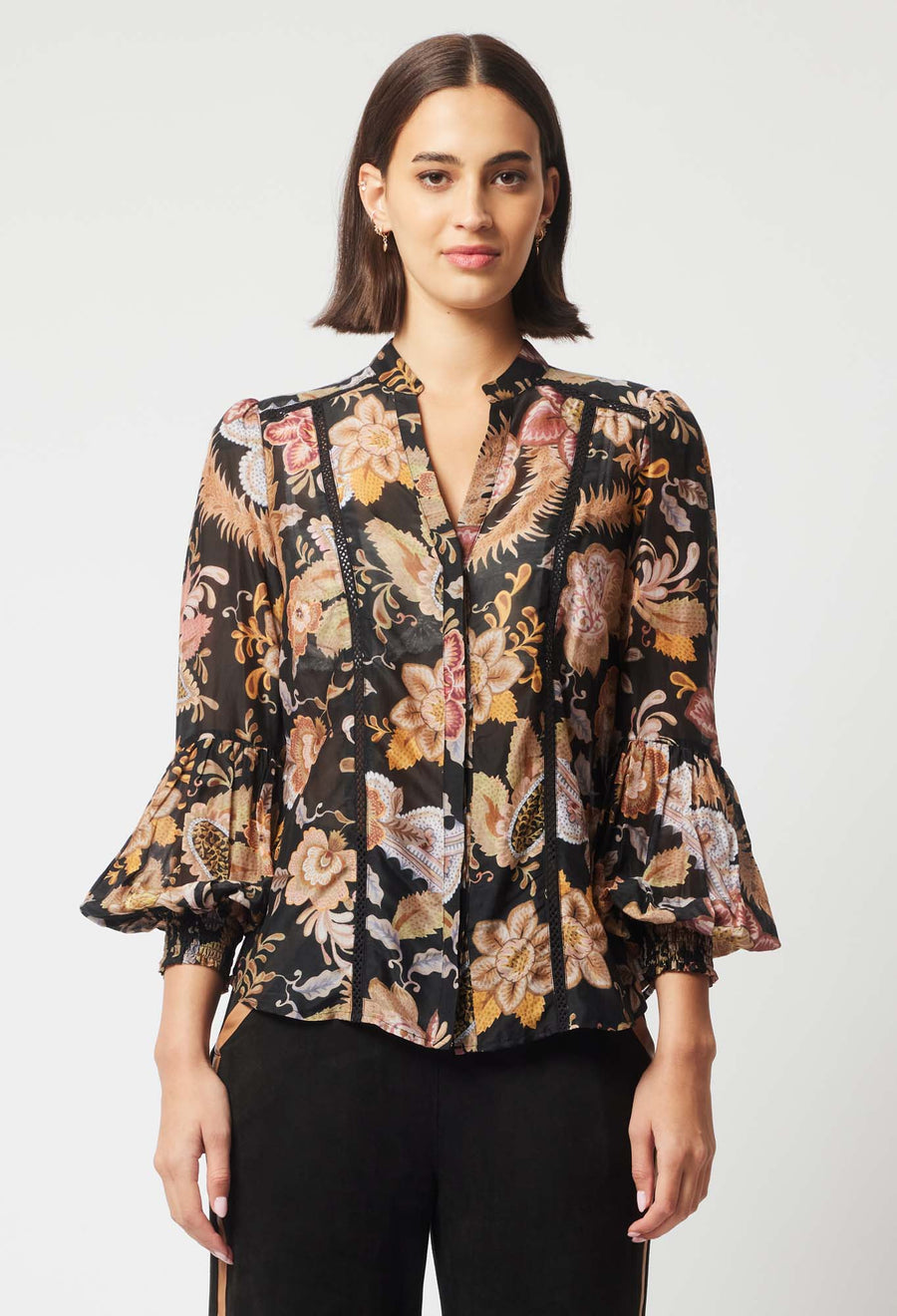 Oncewas II EMPRESS SILK Shirred Cuff Shirt - Dragon Flower Print