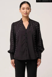 Oncewas II PETITE MARCELA PEARL EMBELLISHED CUPRO VISCOSE STRETCH SHIRT - Black/Pearl